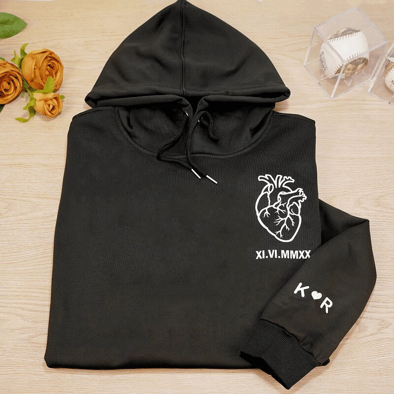 Personalized Hoodie Embroidered Listen To My Heart with Custom Roman Numeral Date Unique Gift for Couple's Anniversary