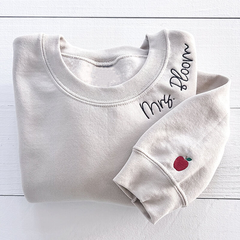 Personalized Sweatshirt Embroidered Custom Name Apple Pattern Design Perfect Gift for Teacher