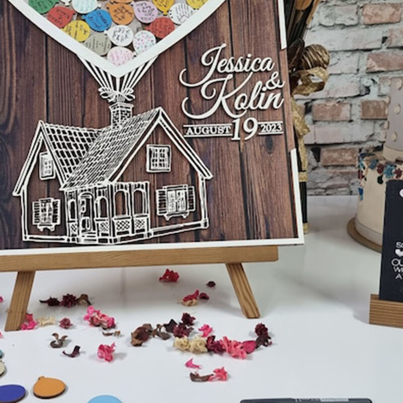 Libro de visitas de boda personalizado con inserciones de casa cálida y globos para recuerdos de boda románticos