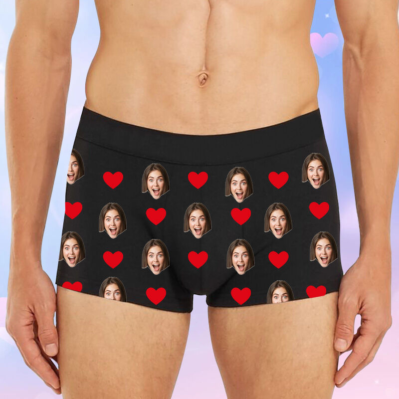 Personalized Photo Men's Underwear Boxer Briefs With Red Heart Pattern Funny Gift for Him