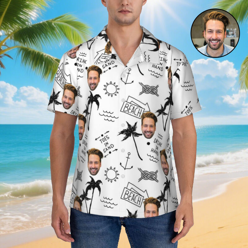 Chemise hawaïenne personnalisée avec photo Dessin au crayon Manches courtes Cadeau de vacances pour hommes