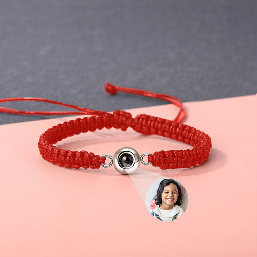 Personalisiertes Rund Foto Projektion Rot Geflochtenes Armband Weihnachtsgeschenk