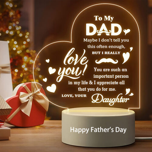 Lampada a placca in acrilico personalizzata a forma di cuore con lettera d'amore per il miglior papà