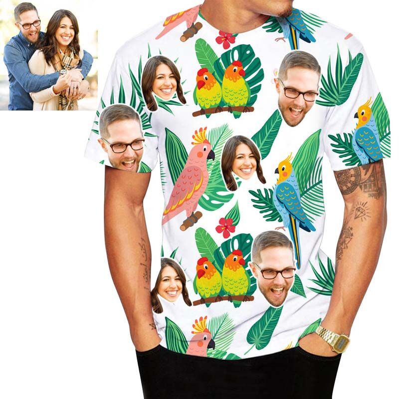 Personalized Face Men's Hawaiian T-Shirt Printed With Flowers & Birds
