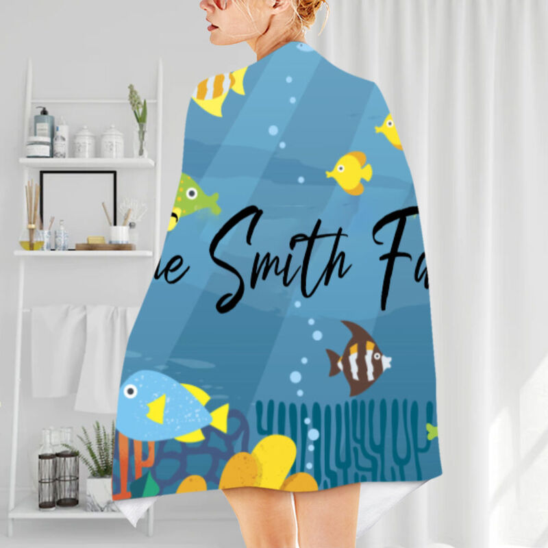 Custom Name Bath Towel with Sea Life Pattern for Kids