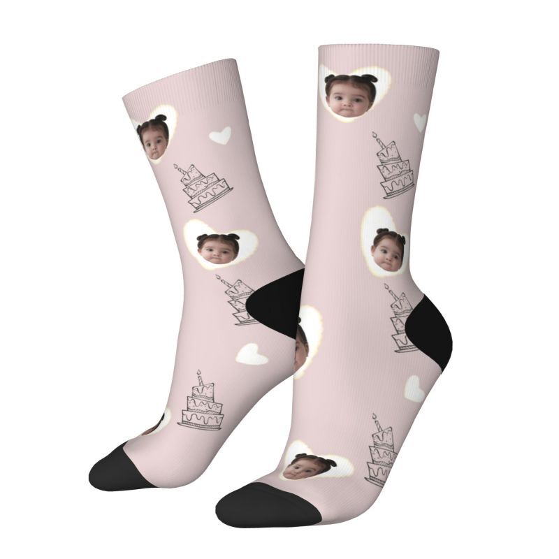Customized Face Socks with Cute Birthday Cake for Her
