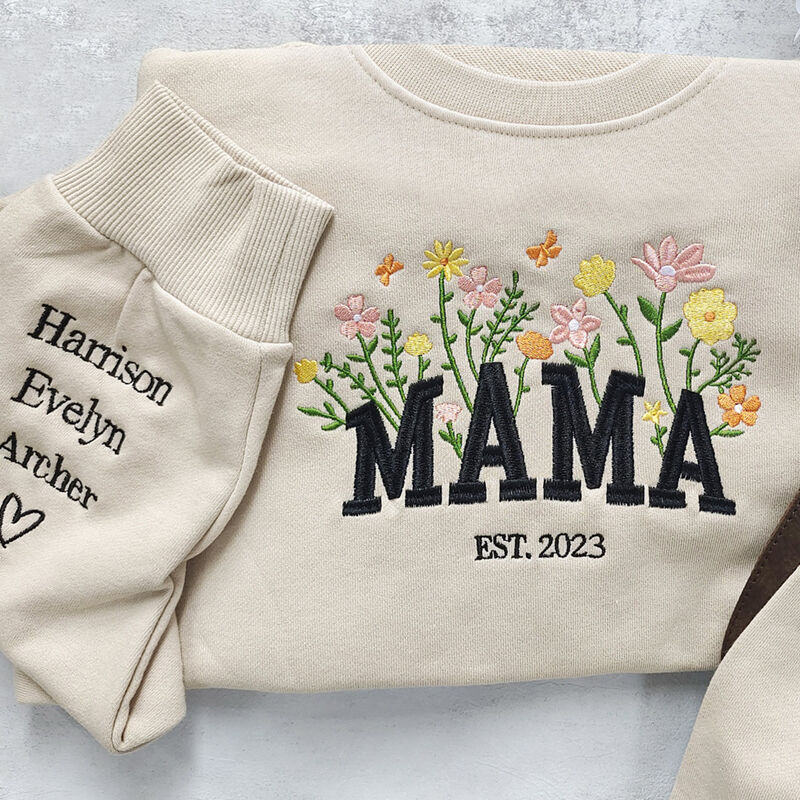 Sweat personnalisé brodé de fleurs colorées avec noms personnalisés Cadeau parfait pour la fête des mères