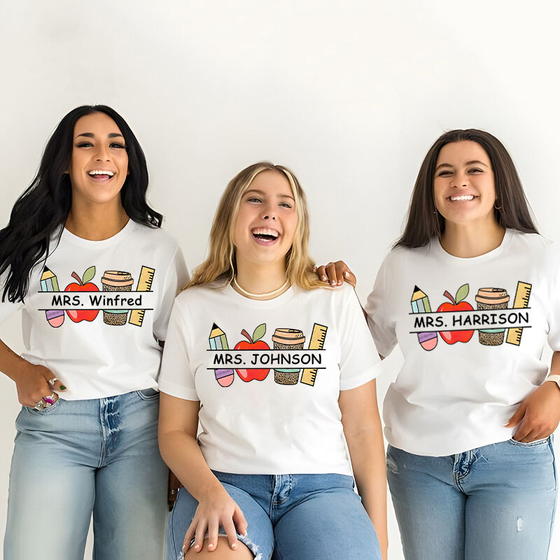 Personalisiertes T-Shirt Bleistift Apple Coffee Rule Pattern Design Perfektes Geschenk für Lehrer