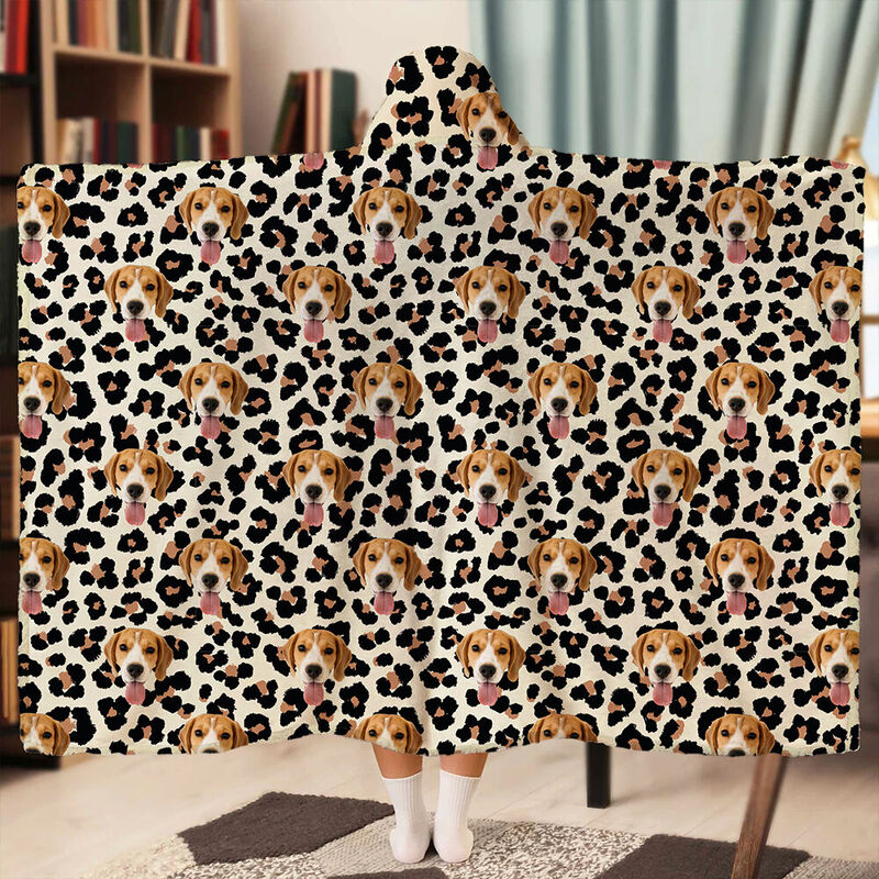 Personalized Picture Wearable Blanket Hoodie with Leopard Pattern Cool Gift for Pet Lover