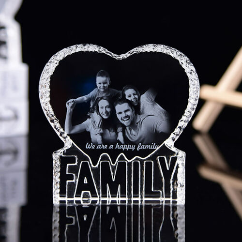 Cadre photo personnalisé en cristal avec coeur gravé au laser pour la famille