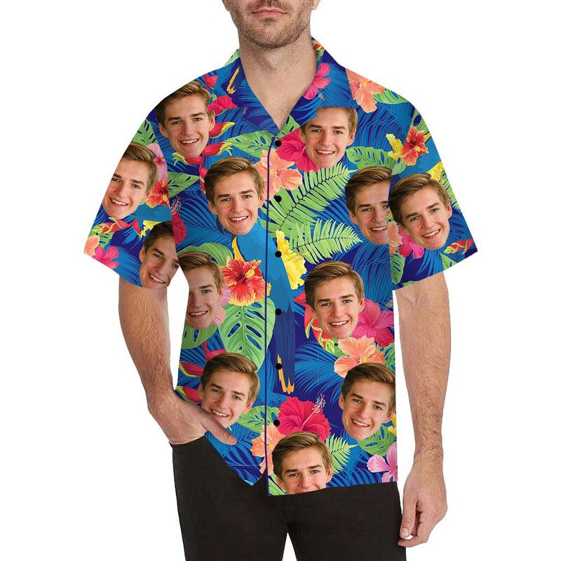 Chemise hawaïenne à impression intégrale pour hommes avec visage personnalisé et fleurs colorées