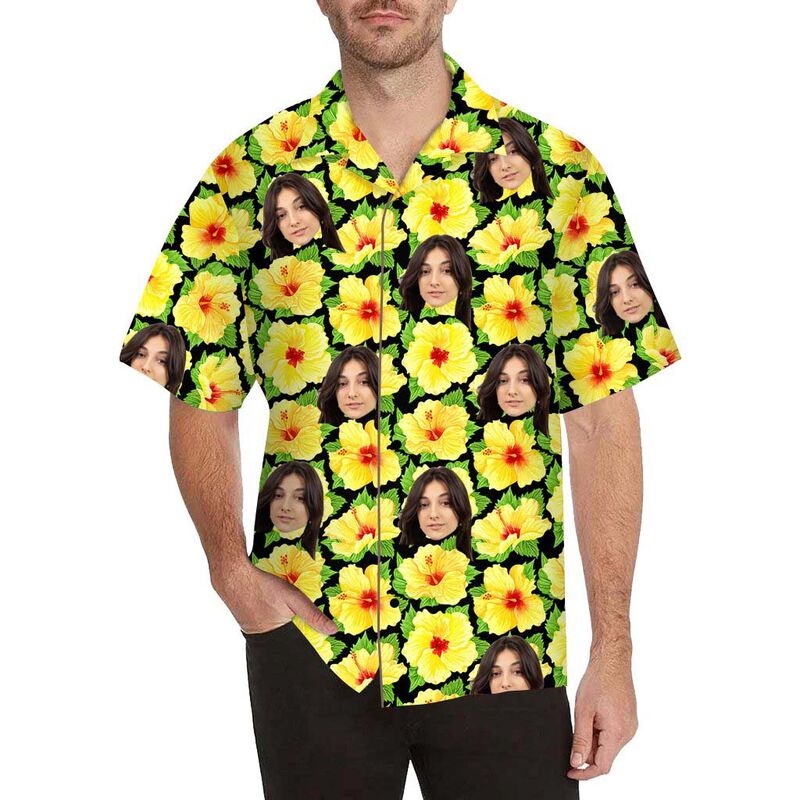 Chemise hawaïenne à impression intégrale pour hommes, avec visage personnalisé et fleur jaune