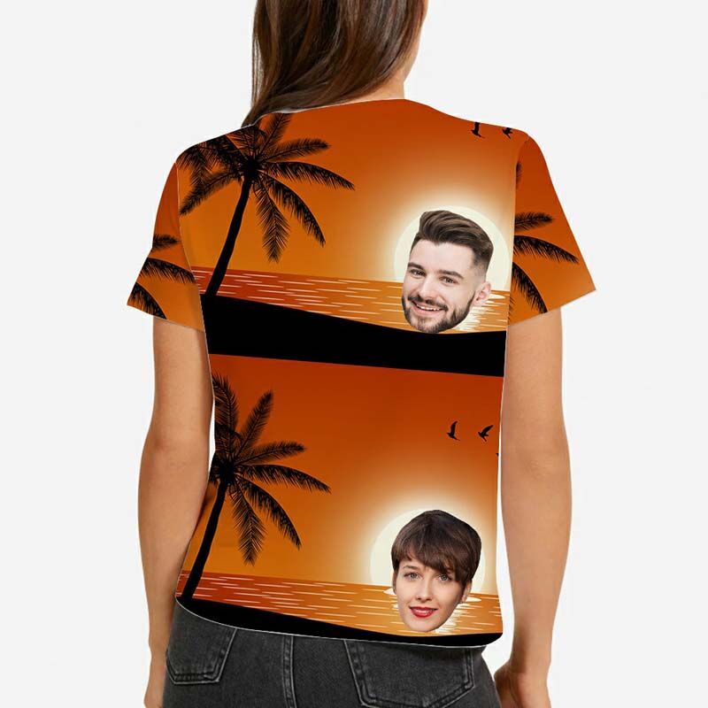 T-shirt Hawaïen Personnalisé Imprimé avec Coucher de Soleil au Bord de la Mer