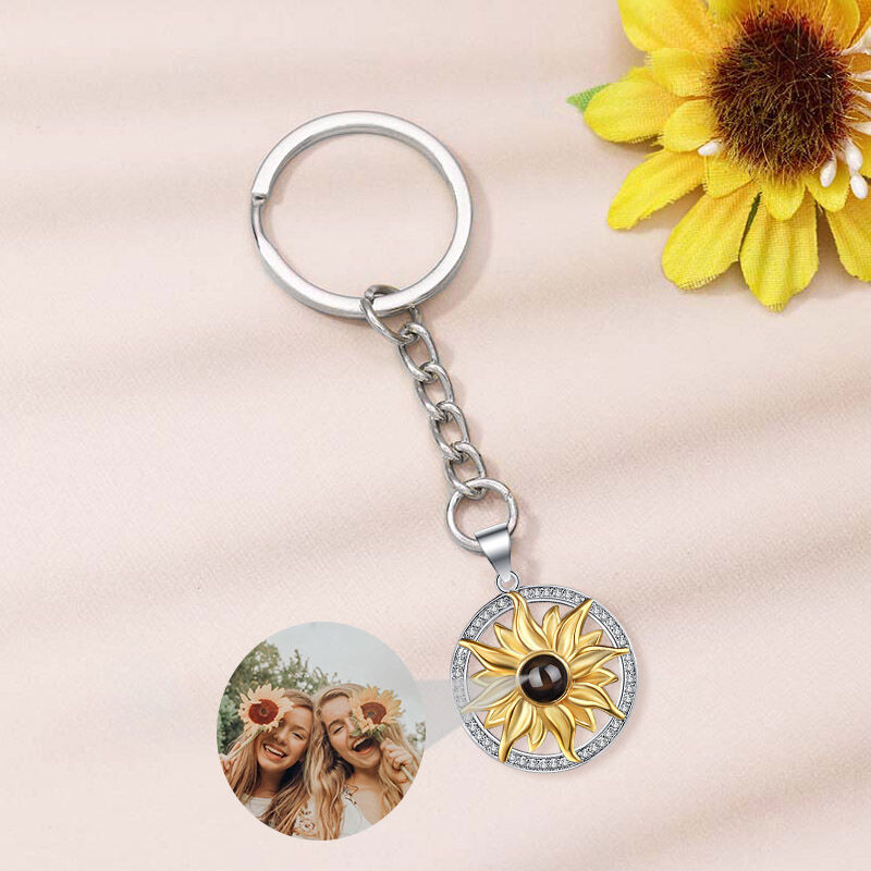 Sterling Silver Personalized Sun Photo Projection Keychain with Diamonds