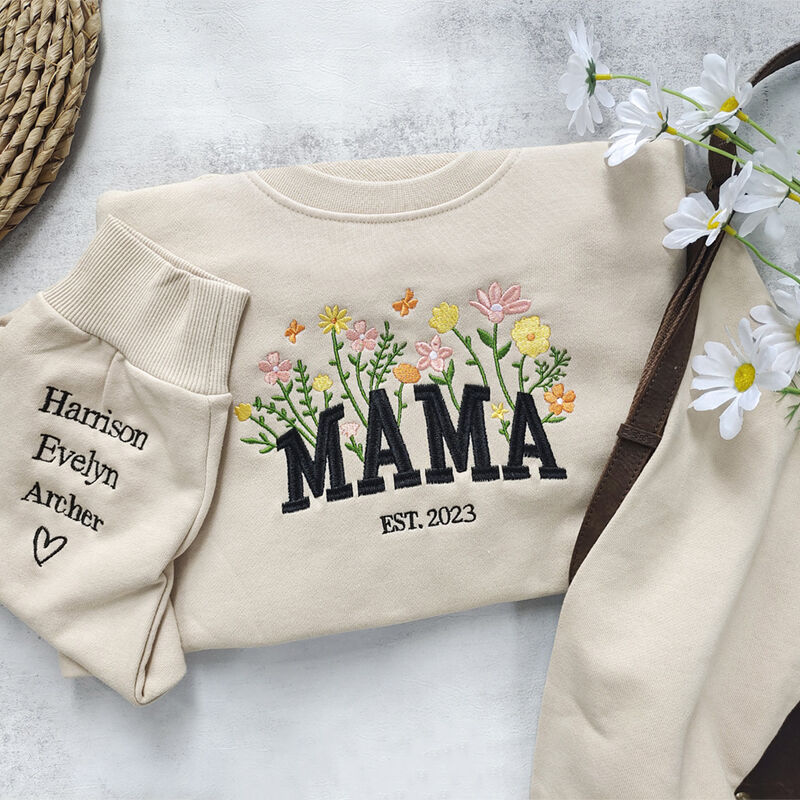 Personalized Sweatshirt Embroidered Colorful Flowers with Custom Names Perfect Gift for Mother's Day