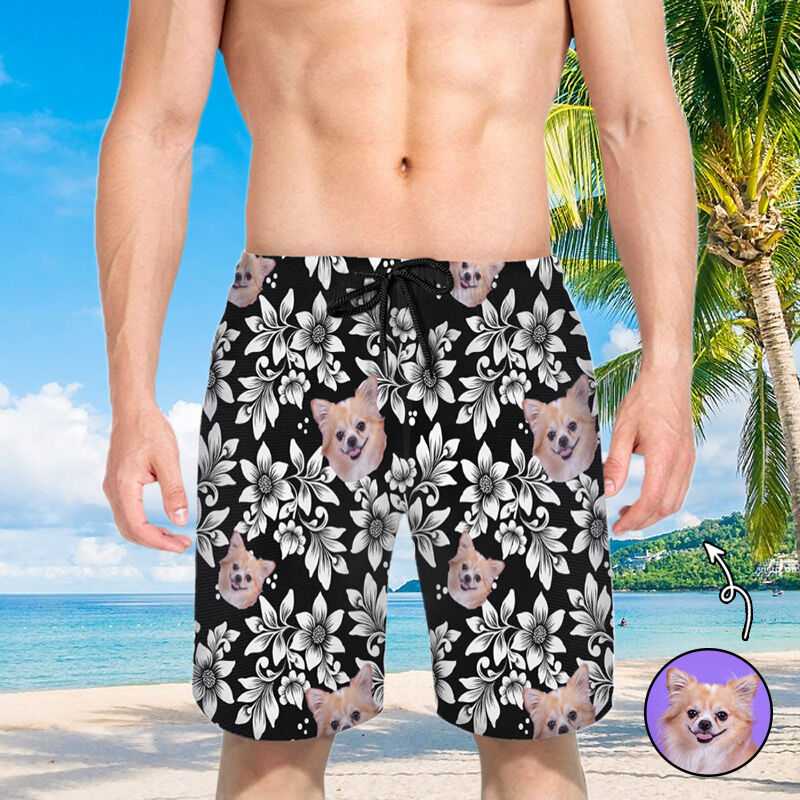 Personalized Picture Men's Beach Shorts with White Flowers Pattern Simple Gift for Family