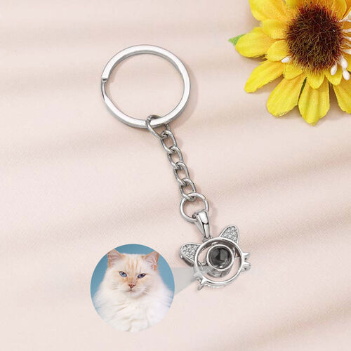 Sterling Silver Personalized Cat Photo Projection Keychain with Diamonds for Pet Lover