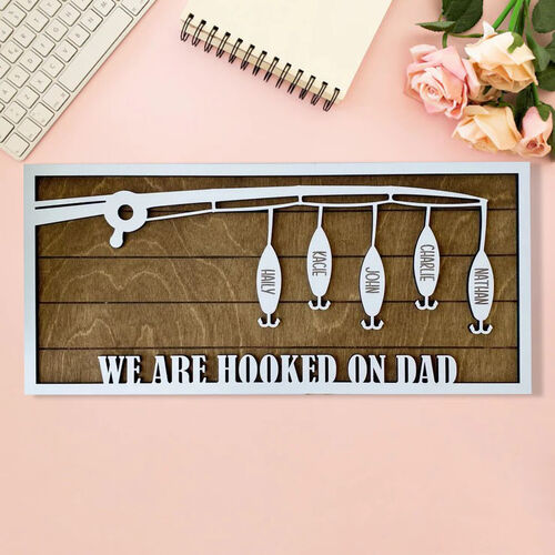 Personalized Fishing Rod Custom Family Name Wooden Frame for Dad