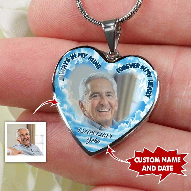 Collar conmemorativo de corazón personalizado con foto de color azul