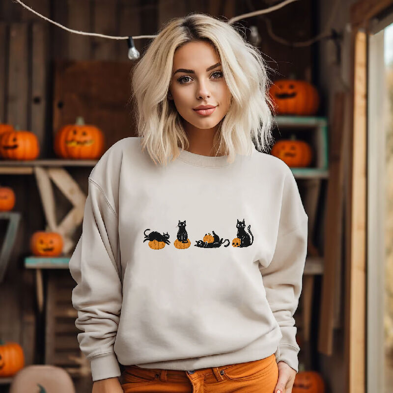 Vibrant Style Sweatshirt with Kitten Pattern Playing With Pumpkin Cute Gift for Halloween