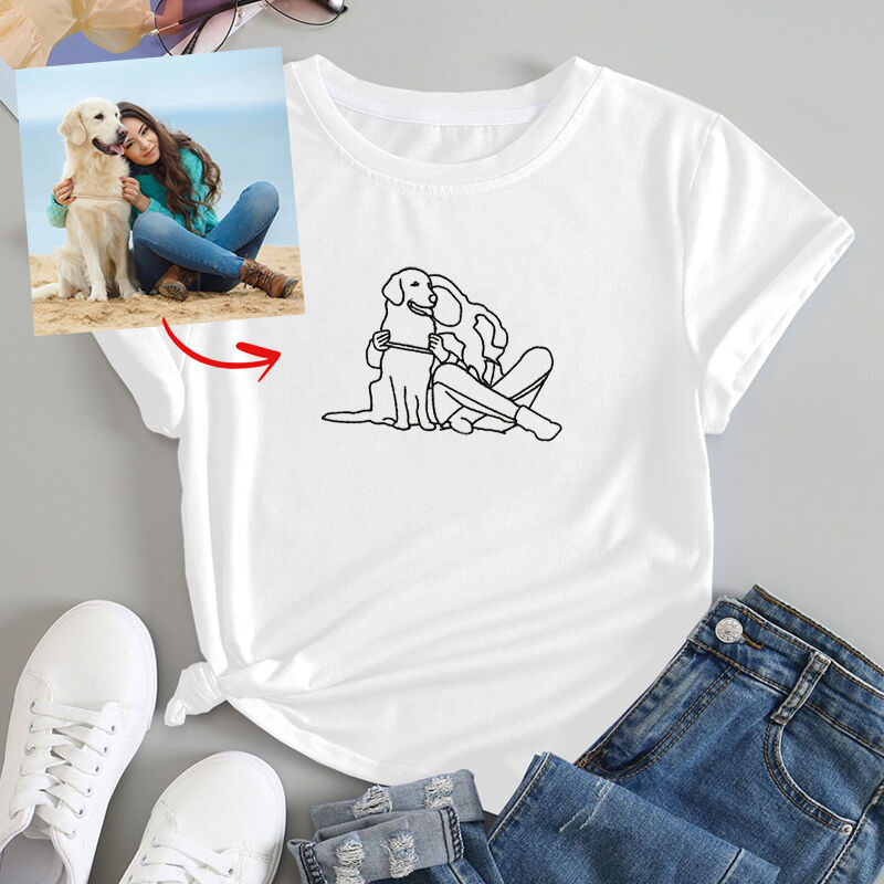 Personalized T-shirt Custom Embroidered Photo Line Drawing of Pet and People Adorable Gift for Pet Lover