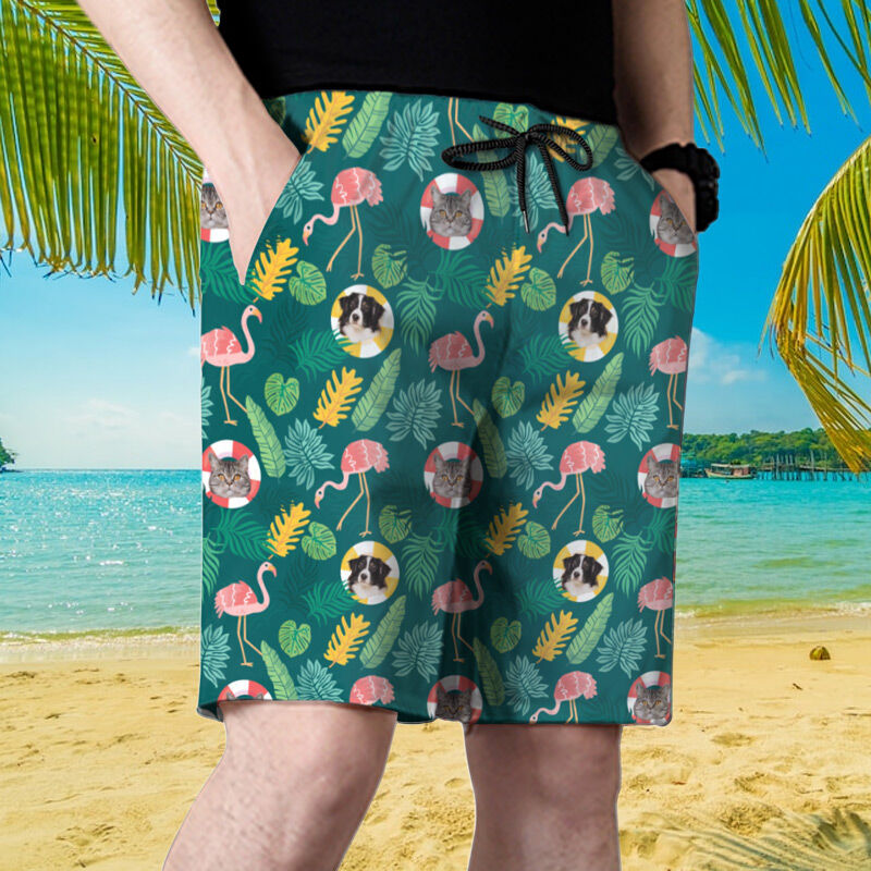 Personalized Picture Men's Beach Shorts with Flamingo Pattern Cool Gift for Family