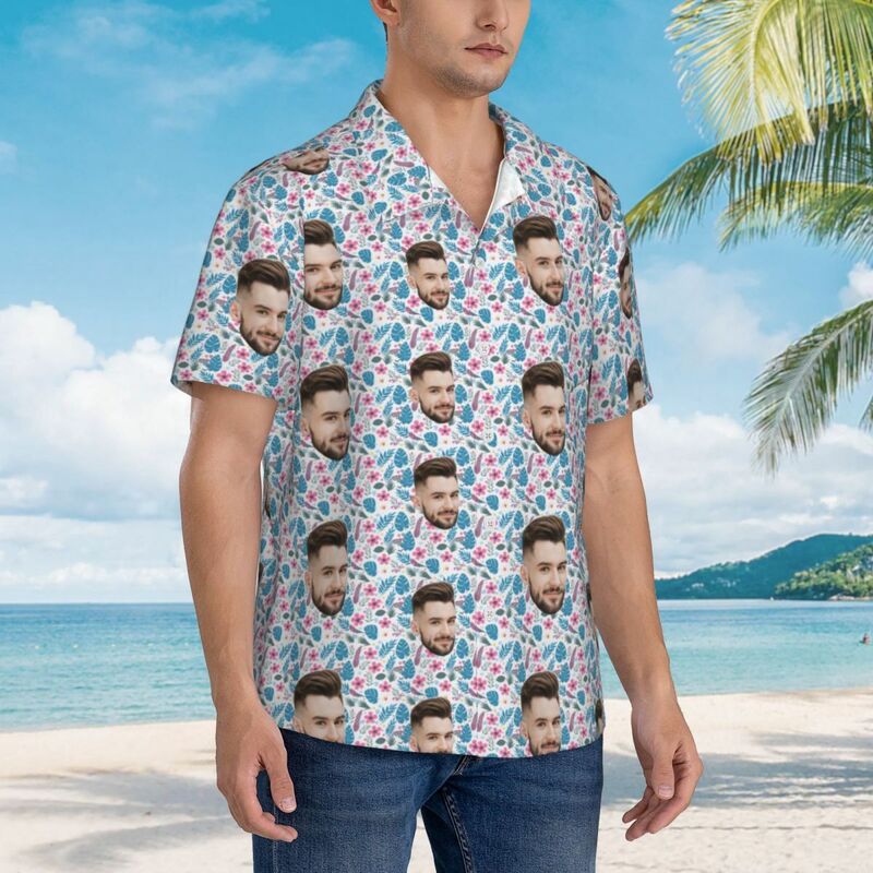 Customized Hawaiian Shirt with Small Floral Prints to Add Face Photos