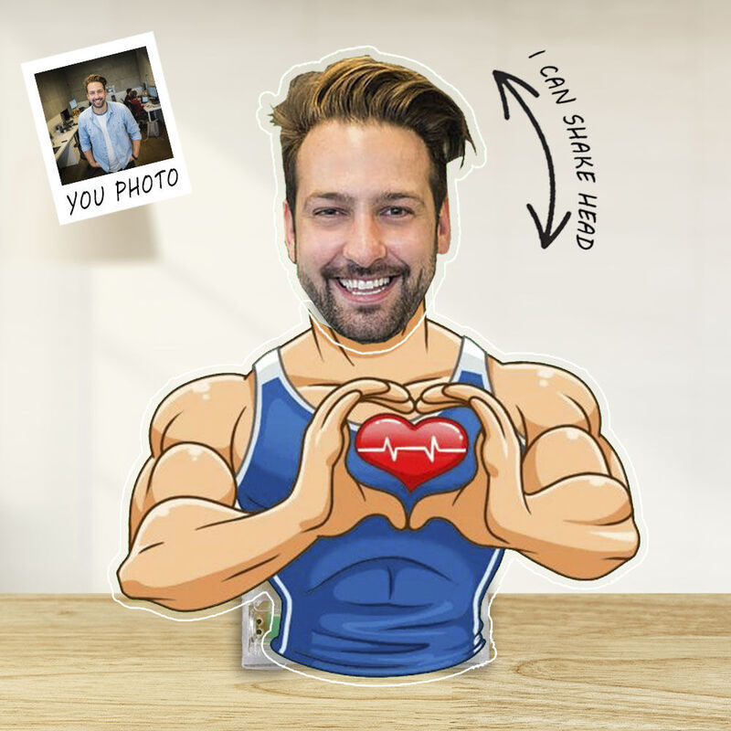 Personligt Bobblehead akrylstativ Hjärtmuskelman anpassat foto Rolig present till vänner
