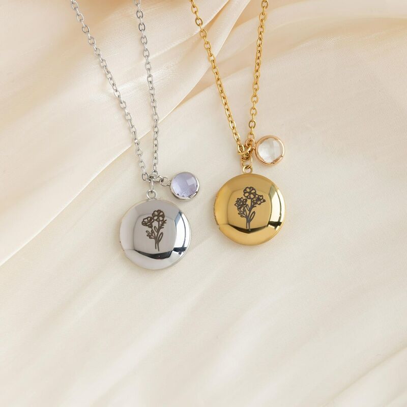 Personalized Round Photo Necklace With Birth Flower And Birthstone Birthday Gift