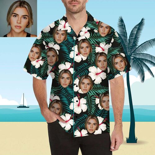 Custom Face White Flower Men's All Over Print Hawaiian Shirt