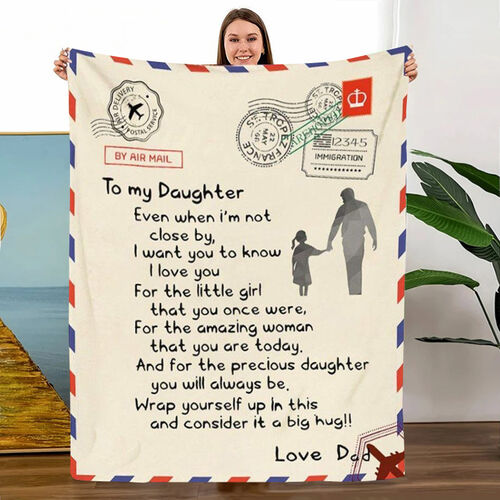 Couverture douce avec lettre d'amour personnalisée  Cadeau imprimé avec un motif père-fille se tenant la main pour les enfants