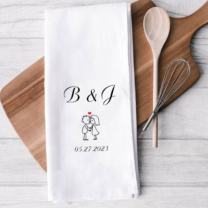 Personalized Towel with Custom Letter and Date Line Drawing Loving Couple Cute Gift for Lover