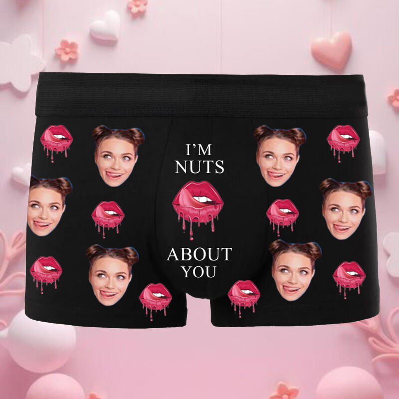 Personalized Photo Men's Underwear Boxer Briefs with Pink Mouth Pattern Funny Valentine's Day Gift"I'M Nuts About You"