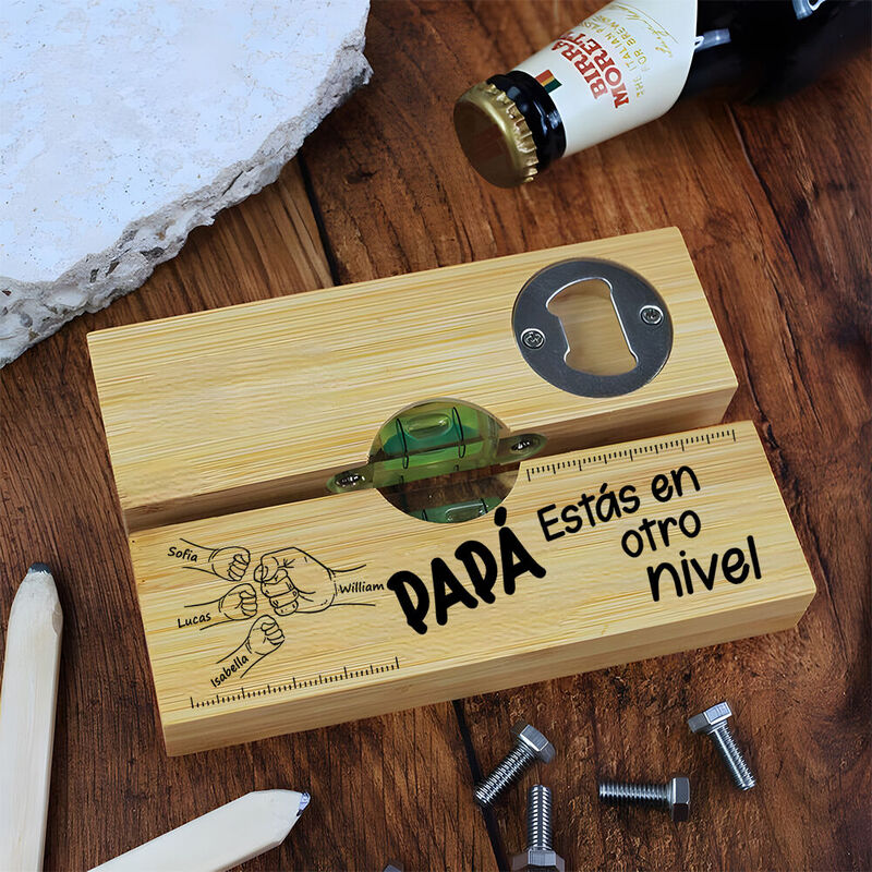 Personalized Wooden Level Bottle Opener Family Multi-tool Birthday Gift for Dad