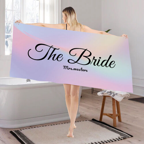 Custom Name Bath Towel with Tie Dye Pattern for Wedding "The Bride"