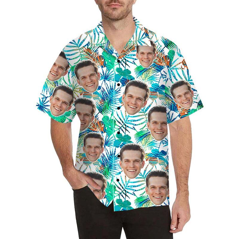 Custom Face Colorful Blue Leaves Men's All Over Print Hawaiian Shirt