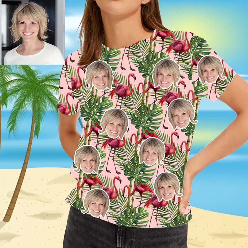 "Flamingo In The Grass In Pink" Custom Face Women's Hawaiian T-Shirt