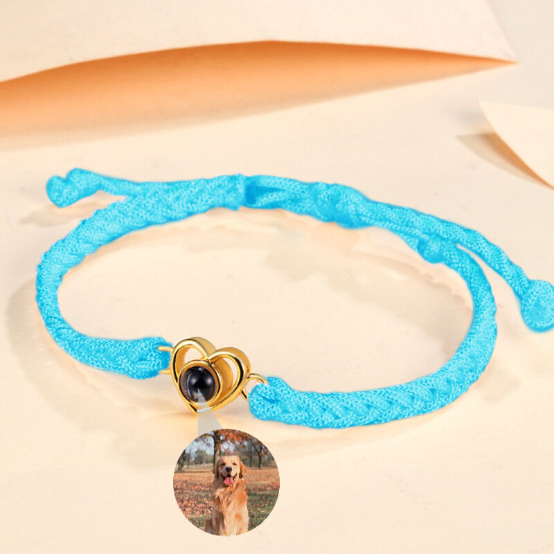 Personalized Heart Photo Projection Blue String Bracelet Gift