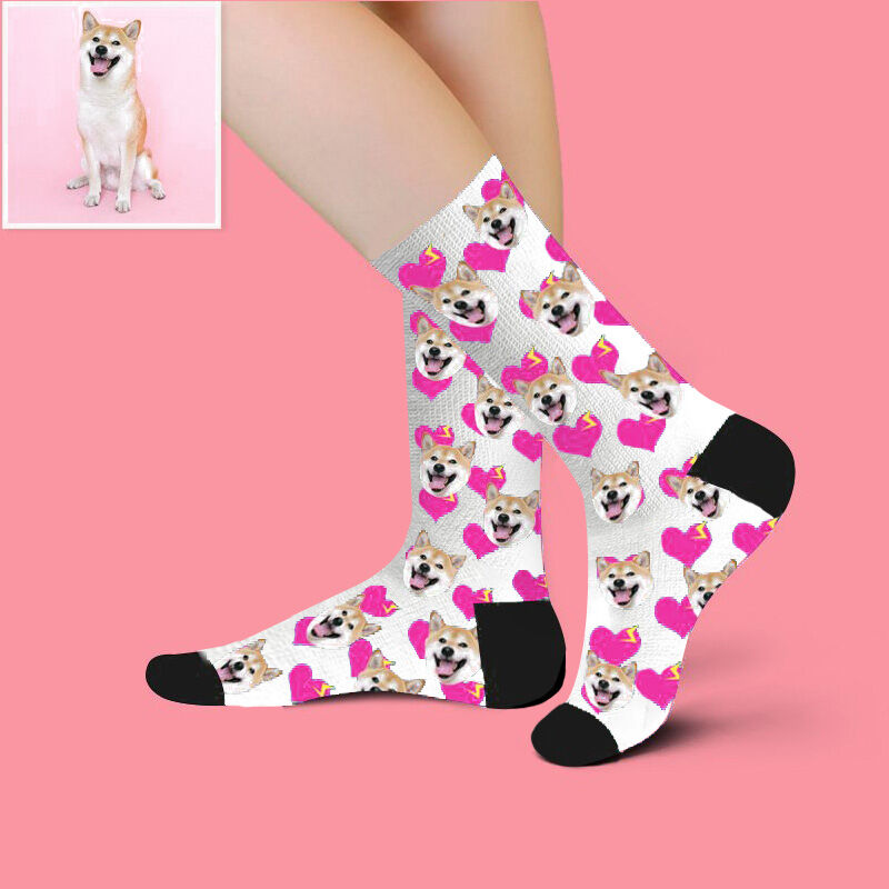 Personalized Pet Face Picture Socks Printed with Hot Pink Hearts