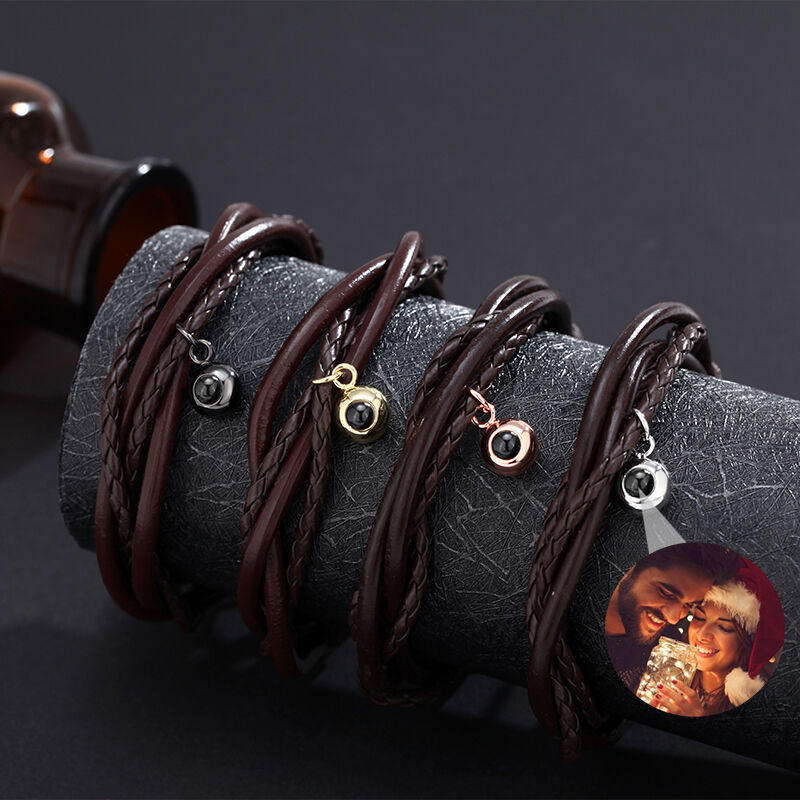 Personalized Projected Picture Heart Bracelet With Brown Leather Cord Warm Gift For Boyfrien