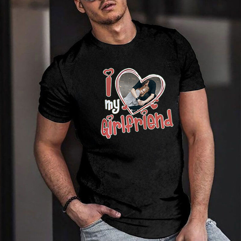 Gepersonaliseerd I Love My Girlfriend T-shirt met Custom Foto Hart Ontwerp Prachtig Valentijnsdag Cadeau