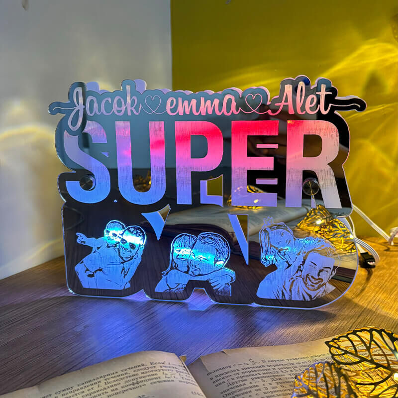 Personlig Super Dad Mirror Light Anpassad fotogåva till jul