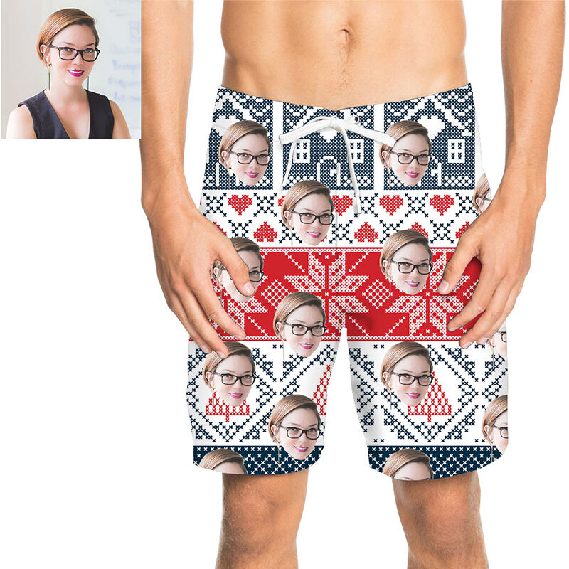 Custom Face Red and Blue Men's Beach Shorts
