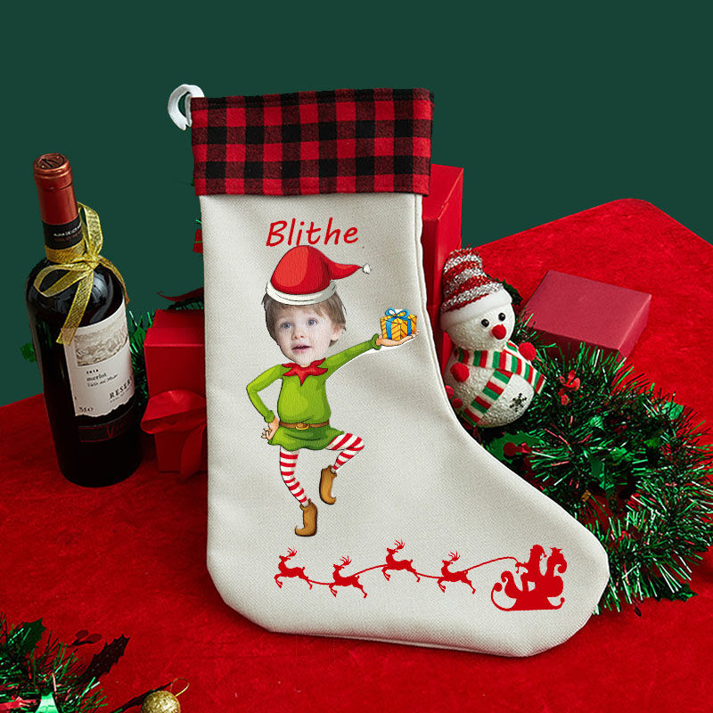 Personalized Custom Face Christmas Stocking Green Cartoon Character with Christmas Hat