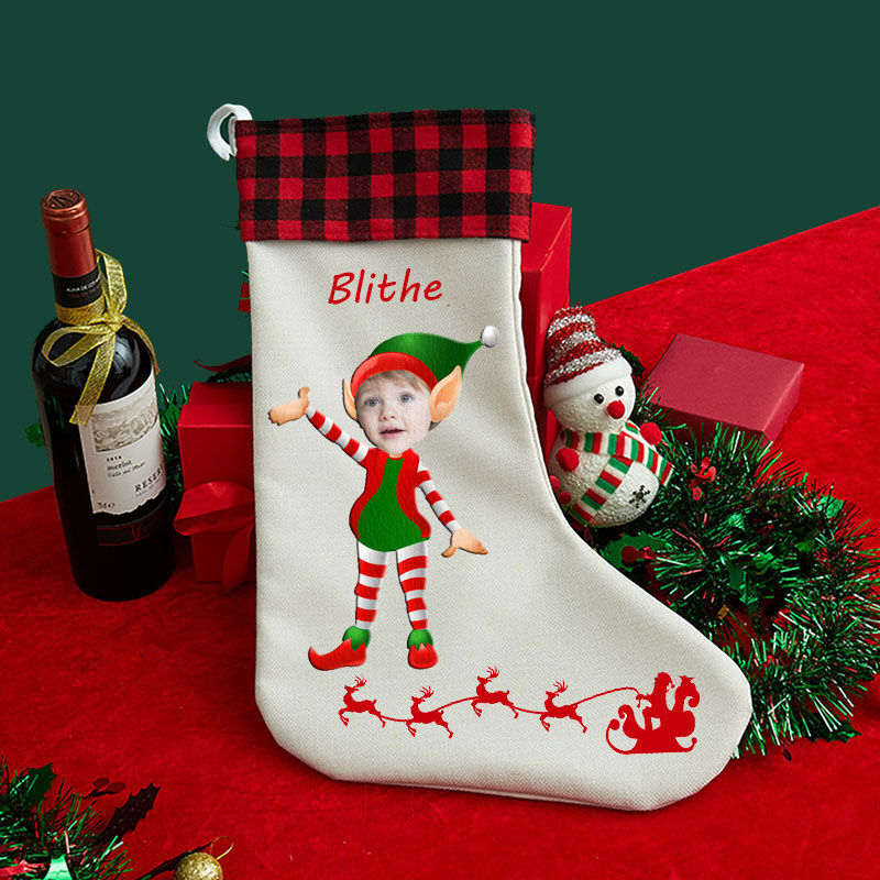 Personalized Custom Face Christmas Stocking Cute Children Elf Ears Cartoon Image Gift