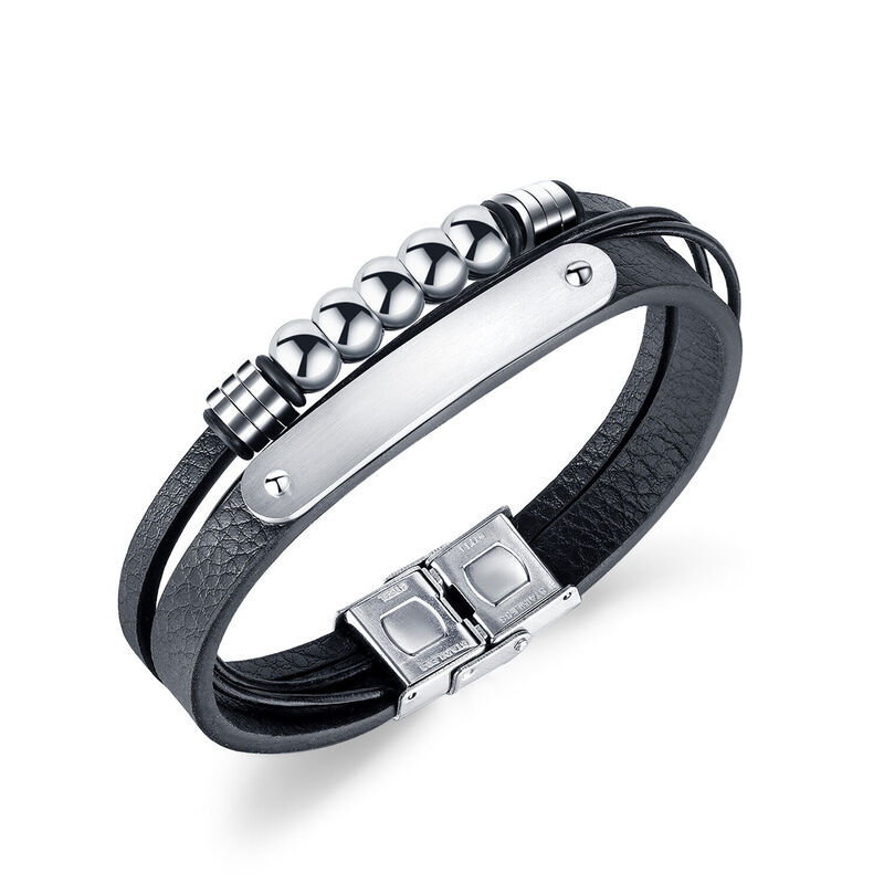 Personalized Classic Ball Bead Titanium Steel Leather Men's Bracelet Custom Text