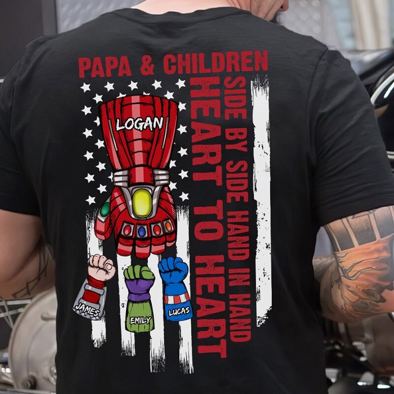 Personalisiertes T-Shirt Papa und Kinder mit optionaler Heldenfaust Kreatives Geschenk zum Vatertag