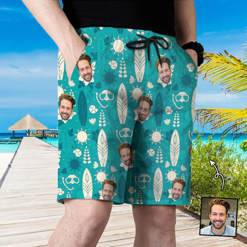 Personalized Picture Men's Beach Shorts with Diving Equipment Pattern Best Gift for Friends