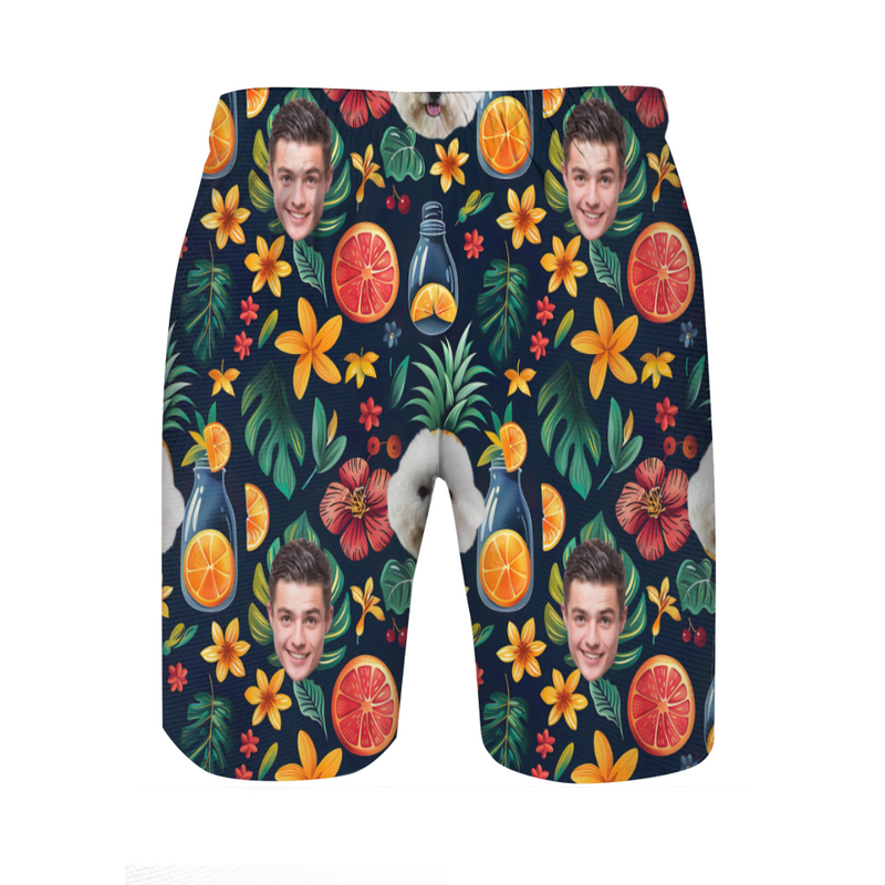 Personalized Picture Men's Beach Shorts with Cute Orange Pattern Funny Gift for Brother