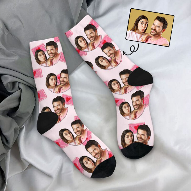 Personalized Face Socks with Pink Envelope Pattern to Add a Couple Photo for Anniversary